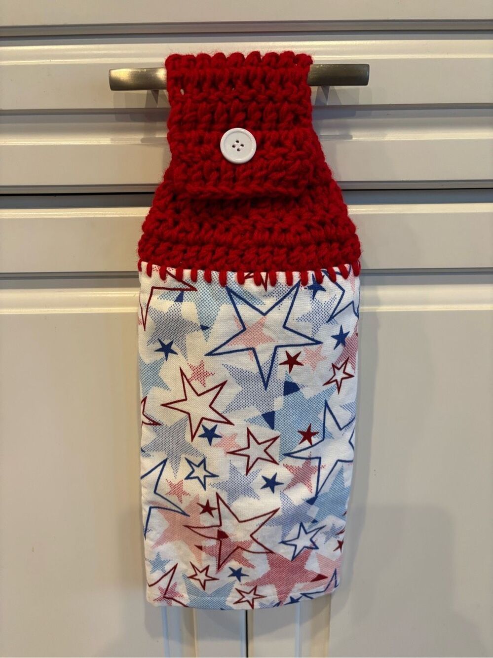 Crochet Top Kitchen Towel- Red white and blue stars
